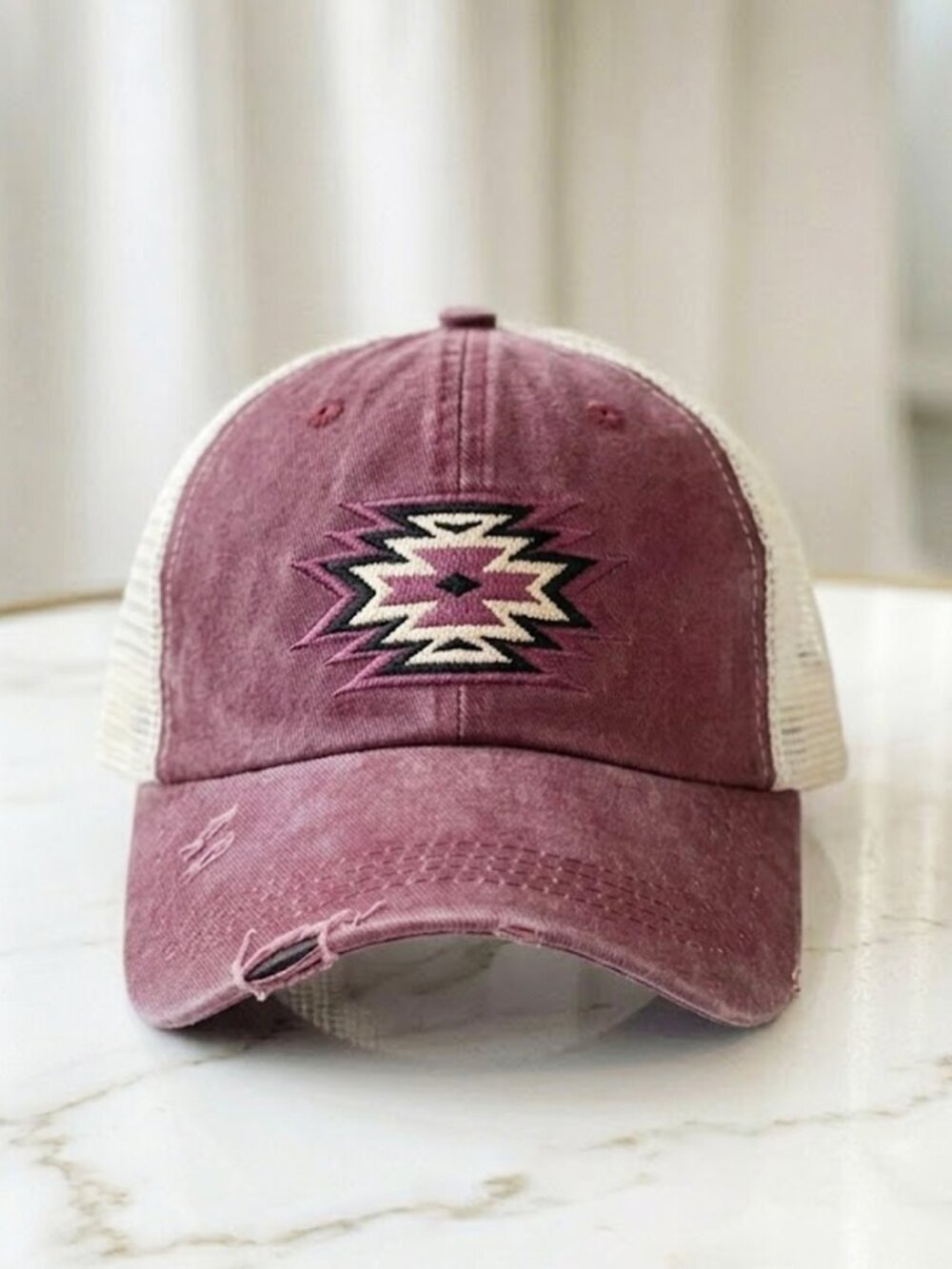 Ladies Burgundy Aztec Distressed Ponytail Baseball Trucker Hat